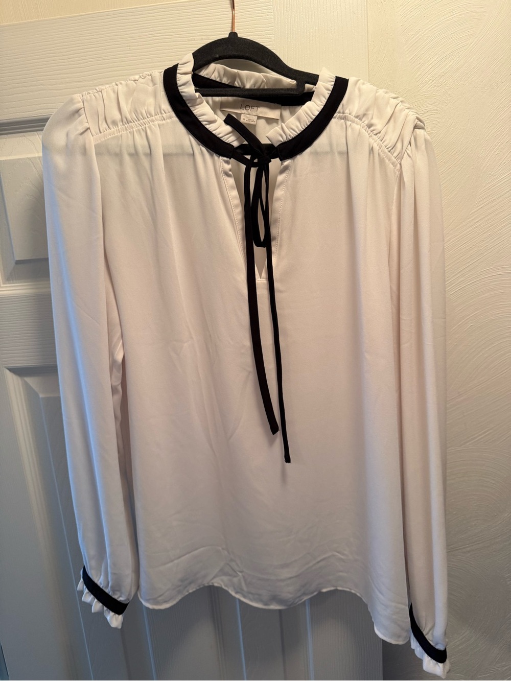 LOFT White Long-Sleeve Tie-Neck Blouse with Black Trim